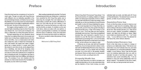 An image shows the Preface and Introduction pages from "EZ2 Feng Shui" by Schiffer Publishing, Ltd., covering Feng Shui basics, introducing the Bagua map, and explaining how wealth, fame, and relationships affect home energy flow.