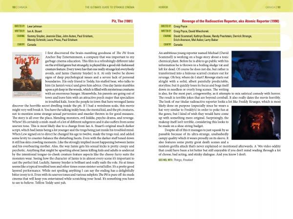 A two-page spread in Schiffer Publishing, Ltd.'s The Ultimate Guide to Strange Cinema reviews Canadian horror films The Pit (1980) and Revenge of the Radioactive Reporter (1990), with cast details, synopses, stills, and a bold yellow-green theme.