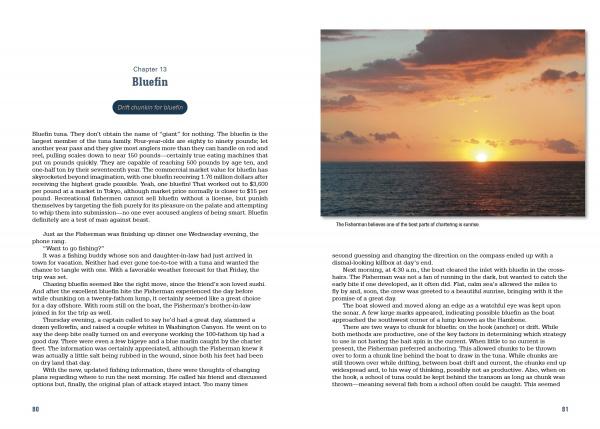 A spread from Saltwater Tales by Schiffer Publishing, Ltd. features a chapter titled Bluefin with text on both pages and a sunset photo over the ocean in the upper right corner—ideal for those seeking saltwater fishing tips.