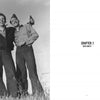 Two young men in loose clothes stand arm-in-arm outdoors, smiling, with a bird on one’s shoulder—a post-WWII vibe. Opposite page: CHAPTER 1 DENIM JACKETS in bold. From Rugged Style War—Rome by Schiffer Publishing, Ltd.