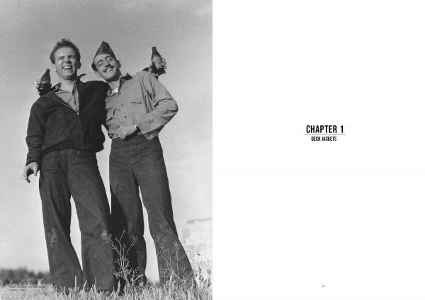 Two young men in loose clothes stand arm-in-arm outdoors, smiling, with a bird on one’s shoulder—a post-WWII vibe. Opposite page: CHAPTER 1 DENIM JACKETS in bold. From Rugged Style War—Rome by Schiffer Publishing, Ltd.