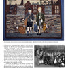 Hooked Rug Storytelling from Schiffer Publishing, Ltd. features a textile artwork showing two boys with suitcases at a Pyrex train station, with photos of 1939 evacuees below—evoking the tradition of memory rugs.