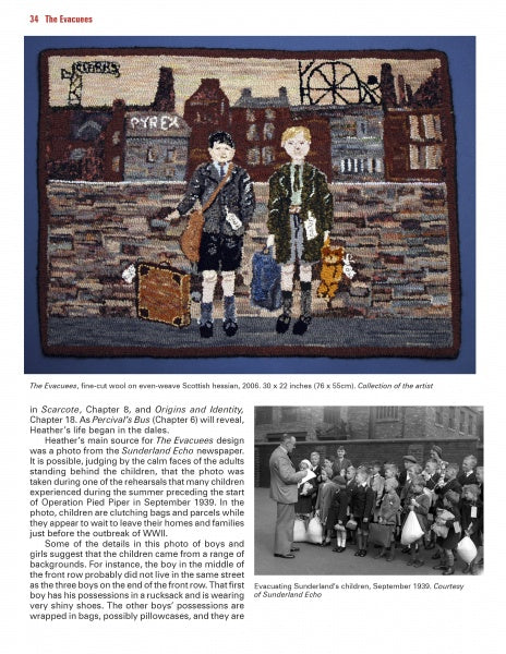 Hooked Rug Storytelling from Schiffer Publishing, Ltd. features a textile artwork showing two boys with suitcases at a Pyrex train station, with photos of 1939 evacuees below—evoking the tradition of memory rugs.