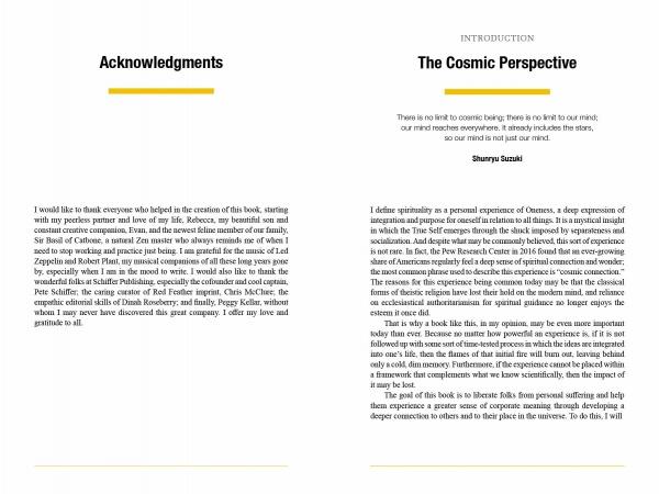 A spread in The Three Principles of Oneness by Schiffer Publishing, Ltd. shows Acknowledgments on the left thanking contributors and loved ones, and an Introduction titled The Cosmic Perspective on the right with a Shunryu Suzuki quote on cosmic being.