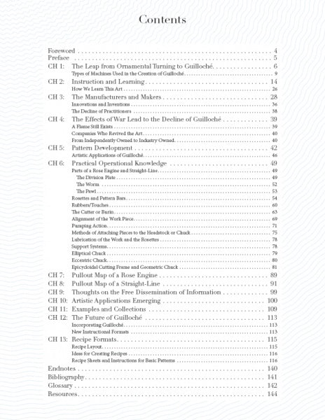 Table of contents for "Guilloché" by Schiffer Publishing, Ltd., listing chapters and subtopics on guilloché, rose engine techniques, history, and practical knowledge, with corresponding page numbers.