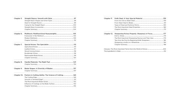 The Big Book of Knives by Schiffer Publishing, Ltd. features a table of contents with chapters on folding knives, knife types, specialties, handle materials, blade shapes, steel, and maintenance, with page numbers aligned to the right.