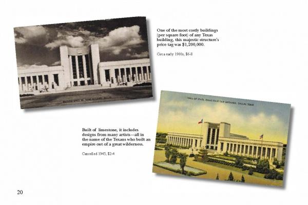 Two “Greetings From Dallas” postcards by Schiffer Publishing, Ltd. feature the Texas State Fair building in sepia and vibrant prints, showcasing its limestone details, flags, gardens, historic style, and the site's artistic and costly design.