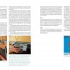 A spread from "3-D Hand Loom Weaving" by Schiffer Publishing, Ltd. features text plus two images: one of hands weaving at a loom with tools, and the other showing a close-up of woven blue, brown, and tan fabric.