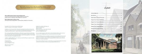 On the left, Newport Mansions by Schiffer Publishing, Ltd. shows copyright and publication info; the right page's table of contents overlays historic buildings and a Gilded Age Newport mansion, evoking vintage postcard style.
