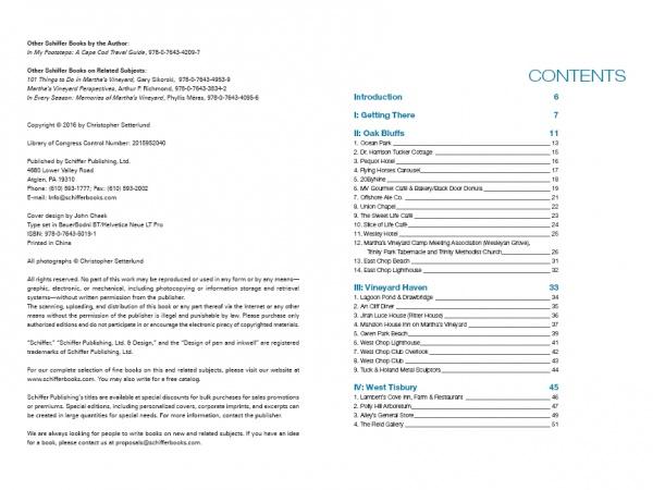 The In My Footsteps travel guide by Schiffer Publishing, Ltd. features a two-column table of contents with section titles and page numbers in blue and black text, including Introduction, Oak Bluffs, Vineyard Haven, and Next Timely.