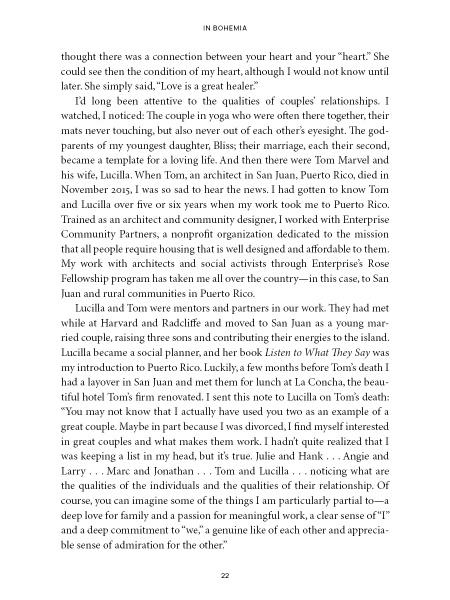 On page 22 of In Bohemia by Schiffer Publishing, Ltd., a memoir reflects on Tom and Lucilla’s relationship, work in Puerto Rico, and experiences with Enterprise Community Partners, exploring themes of love, loss, admiration, and community.