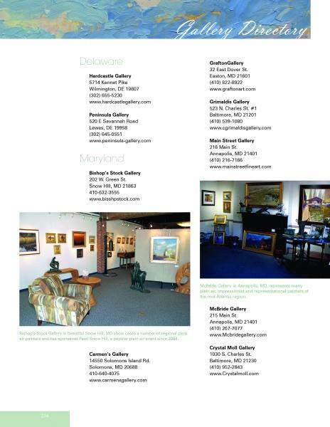 A gallery directory lists Delaware and Maryland galleries with addresses, websites, and photos featuring American art, including paintings by artists from "100 Plein Air Painters of the Mid-Atlantic" (Schiffer Publishing, Ltd.), furniture, and sculptures.