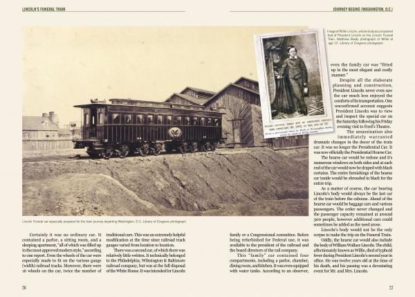 On the left page of Lincoln's Funeral Train by Schiffer Publishing, Ltd., a sepia photo shows Lincoln’s funeral train car by a wooden building; opposite, a faded couple’s portrait and handwritten note overlay text on a beige background, echoing history.
