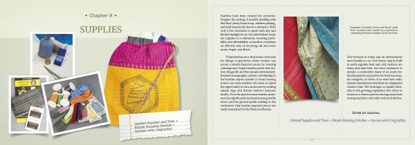 A spread from "Inspiration Kantha" by Schiffer Publishing, Ltd. shows Chapter 2: Supplies—photos of thread, fabric, a yellow drawstring bag on the left, and close-ups of textile art and kantha embroidery with descriptive text on the right.