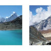 Two landscape images from "Seven Continents" by Schiffer Publishing, Ltd.: one features a turquoise Himalayan lake with snow-capped peaks; the other captures rugged summits and a glacier—ideal scenes for adventure travel and landscape photography lovers.