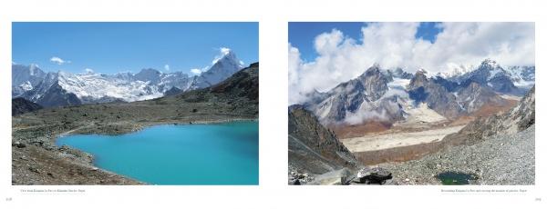 Two landscape images from "Seven Continents" by Schiffer Publishing, Ltd.: one features a turquoise Himalayan lake with snow-capped peaks; the other captures rugged summits and a glacier—ideal scenes for adventure travel and landscape photography lovers.