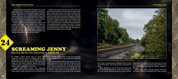 A photo of railroad tracks in a wooded area illustrates text about the Screaming Jenny ghost story in "West Virginia's Dark Tourism" by Schiffer Publishing, Ltd., highlighting one of West Virginia's most haunted places.