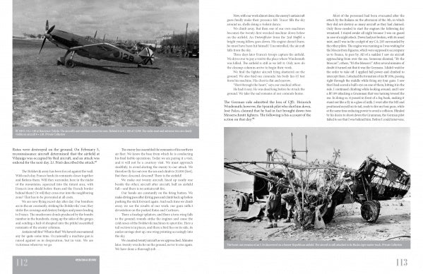 A black-and-white magazine spread from "German Eagles in Spanish Skies" (Schiffer Publishing, Ltd.) features a parked Legion Condor Bf 109 and destroyed vehicles, illustrating Spanish Civil War scenes in narrative columns.
