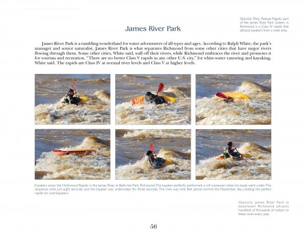 A page from James River Reflections by Schiffer Publishing, Ltd. displays six photos of kayakers with helmets and life jackets navigating James River rapids, plus a section on river history and activities capturing Virginia’s spirit.