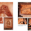 A photo book spread from Schiffer Publishing, Ltd.'s Deep Relief Wood Carving showcases a carved bald eagle (close-up and full view) plus four views of a 3D relief sculpture with a face, musical notes, and a bird in detailed woodwork.