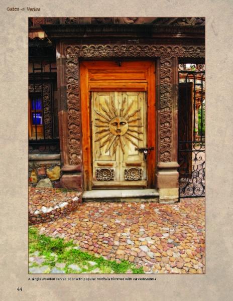 Experience the charm of San Miguel de Allende with "San Miguel's Mexican Exteriors" by Schiffer Publishing, Ltd.—a showcase of intricately carved wooden doors, sun motifs, floral details, cobblestone paths, and wrought-iron gates.