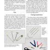 A magazine page from "Macrame Today" by Schiffer Publishing, Ltd. displays sewing tools—pins, needles, clips, and scissors—on a light background with descriptions of each tool's use in wearable art projects.
