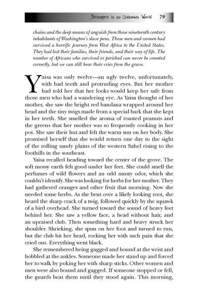 A page from Schiffer Publishing, Ltd.'s Washington, D.C., page 79, features printed text recounting Yaisa’s sad story—her fears and life in a slave community—echoing haunting tales from the city’s past.
