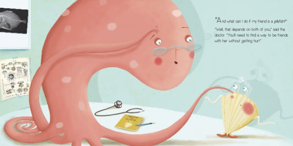 In "Little Shell and Jittery Jellyfish" by Schiffer Publishing, Ltd., a pink octopus with glasses talks to a worried friend in a doctor’s office, surrounded by medical charts and a yellow notebook—perfect for an augmented reality children’s book.
