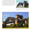 A page from Bridges: A Postcard History by Schiffer Publishing, Ltd. displays two photos of New York City's Hell Gate Bridge—a historical black-and-white image above and a modern color view below with a train, plus construction text on the left.