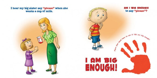 In "Am I Big Enough?" by Schiffer Publishing, Ltd., a girl politely asks for milk while a boy looks on, making this picture book perfect for preschoolers learning good manners like saying "please" and "I AM BIG ENOUGH!.