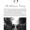 A historical text about the Delaware Colony above a black-and-white photo depicting a cobblestone path with trees. The caption notes the colonial spirit and ghost stories, referencing "Ghosts of the Revolutionary War" by Schiffer Publishing, Ltd.