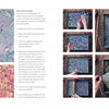 Open book spread from Marbling by Schiffer Publishing, Ltd. Left page shows completed marbling projects; right page features step-by-step photos of dipping and lifting paper to create a peacock pattern.