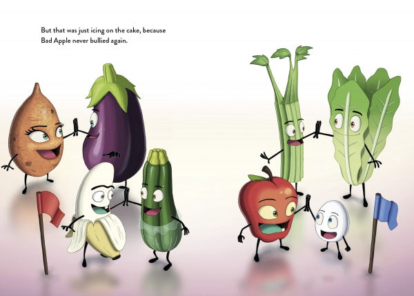 Animated fruits and veggies with faces stand in groups on a light background, smiling and cheering. Text reads “Good Egg and Bad Apple”—a joyful, pun-filled picture book for kids from Schiffer Publishing, Ltd.