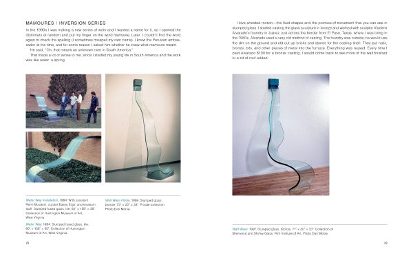 A two-page spread from "Behind the Curtain" by Schiffer Publishing, Ltd. features Studio Glass Art shaped like flowing water: outdoor installations on the left, Mary Shaffer’s indoor mid-air slumping on the right, plus text about the Inversion Series.