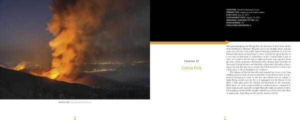 A wildfire blazes on a mountain at night with city lights in the distance. Dramatic wildfire photography illustrates Terra Flamma by Schiffer Publishing, Ltd., with text and chapter title on the right side of the image.