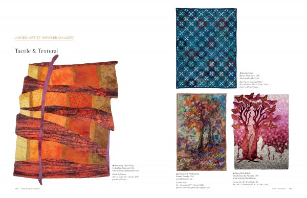 A magazine spread showcases five vibrant art quilts from “New Directions” by Schiffer Publishing, Ltd., featuring abstract shapes, tree motifs, and intricate patterns in warm reds, oranges, and cool blues under “Tactile & Textural,” celebrating contemporary quilting.