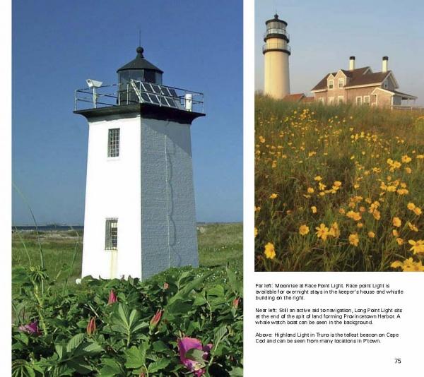 Provincetown Perspectives by Schiffer Publishing, Ltd. features photos of a white lighthouse amid pink flowers and grass, plus another Cape Cod lighthouse with an attached house near yellow wildflowers under a blue sky.