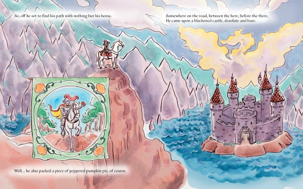 An illustrated storybook scene from *The Bravest Knight Who Ever Lived* (Schiffer Publishing, Ltd.) shows a knight on horseback by a river and castle, with an ornate inset of his ride and text describing his journey and love for pumpkin pie.