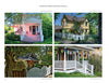 A vibrant collage of four homes in Ashland, Oregon, from Schiffer Publishing, Ltd., features front porches, gardens, large trees, blooming flowers, white fences, and bright exteriors inspired by neighborhoods near Lithia Park.