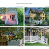 A vibrant collage of four homes in Ashland, Oregon, from Schiffer Publishing, Ltd., features front porches, gardens, large trees, blooming flowers, white fences, and bright exteriors inspired by neighborhoods near Lithia Park.