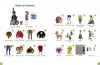 A pixel art table of contents from Schiffer Publishing, Ltd.’s PixlPeople cross-stitch patterns shows numbered illustrations of people, animals, clothing, and objects, each labeled with a title on a white background.