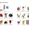 A pixel art table of contents from Schiffer Publishing, Ltd.’s PixlPeople cross-stitch patterns shows numbered illustrations of people, animals, clothing, and objects, each labeled with a title on a white background.