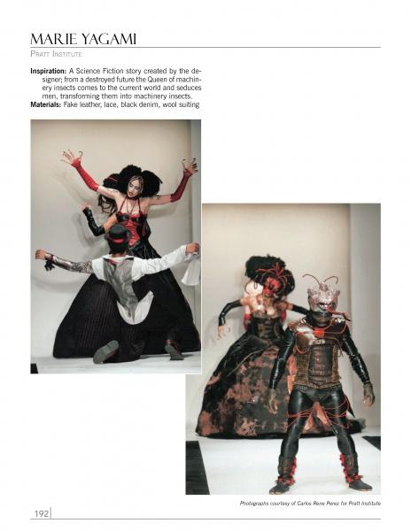Two models showcase elaborate sci-fi insect-inspired looks from *Emerging Fashion Designers* by Schiffer Publishing, Ltd., featuring black, red, and metallic details—one image highlights dramatic poses, the other focuses on intricate outfit details.