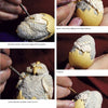 A series of five photos shows hands carving and painting a bird from a wooden egg, with step-by-step text instructions. Ideal for fans of wooden egg carving or the book "Tom Wolfe Carves Egg Heads & Other 'Eggcellent' Things" by Schiffer Publishing, Ltd.