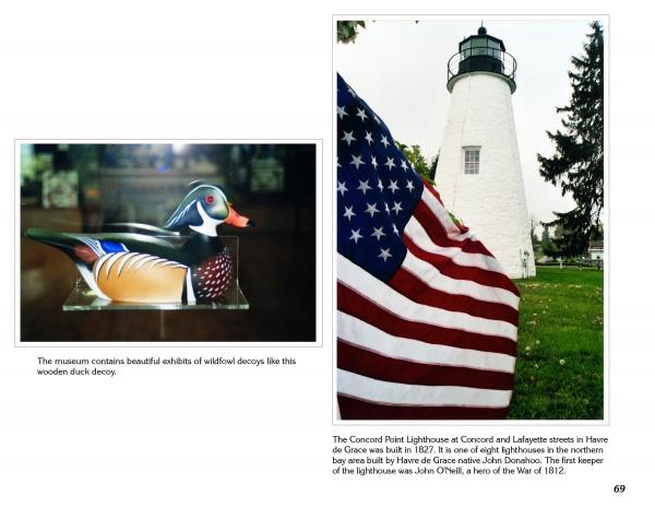 On the left is a vibrant wooden duck decoy; on the right, the American flag waves before the white Concord Point Lighthouse in Havre de Grace by Chesapeake Bay. Product: Havre de Grace by Schiffer Publishing, Ltd.