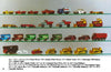 Lesney's Matchbox Toys by Schiffer Publishing, Ltd. displays vintage trucks, tractors, bulldozers, and trailers in four rows on glass shelves, each with varied models and colors—ideal for Matchbox collectors and enthusiasts.