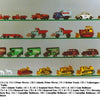 Lesney's Matchbox Toys by Schiffer Publishing, Ltd. displays vintage trucks, tractors, bulldozers, and trailers in four rows on glass shelves, each with varied models and colors—ideal for Matchbox collectors and enthusiasts.