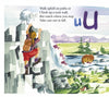 A child with a backpack climbs a gray rock wall as two sheep watch nearby—a playful scene from "Camp ABC" by Schiffer Publishing, Ltd. The letter U appears, as another child strolls past ducks and mountains beneath a clear sky.