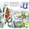A child with a backpack climbs a gray rock wall as two sheep watch nearby—a playful scene from "Camp ABC" by Schiffer Publishing, Ltd. The letter U appears, as another child strolls past ducks and mountains beneath a clear sky.