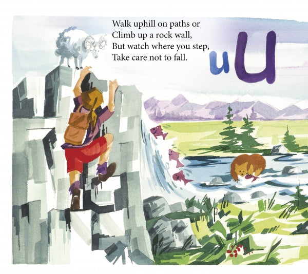 A child with a backpack climbs a gray rock wall as two sheep watch nearby—a playful scene from "Camp ABC" by Schiffer Publishing, Ltd. The letter U appears, as another child strolls past ducks and mountains beneath a clear sky.